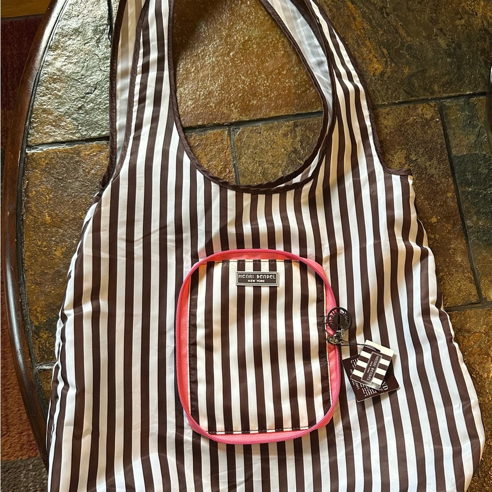 Henri Bendel Brown and White Striped Tote Bag